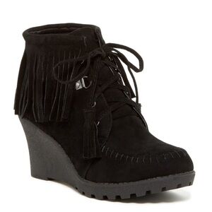Round Toe Black Fringe Ankle Wedge Heel Booties